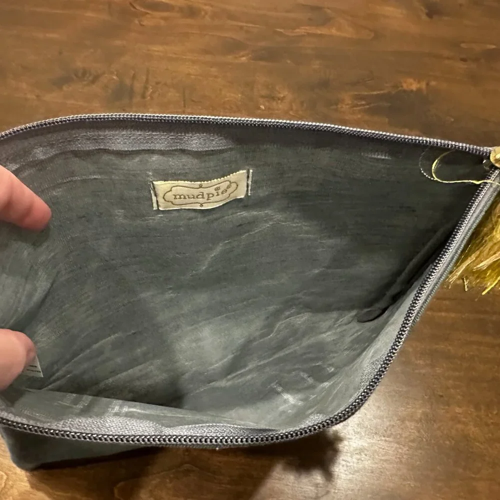 Mud Pie - BeYouTiful Canvas Cosmetic Bag/Pouch - Gray with Yellow Tassel